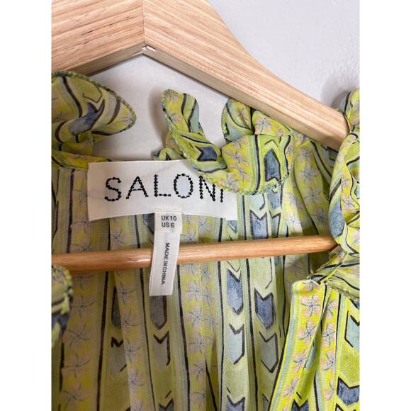 NEW Saloni V-neck Silk Puff Sleeves Josie Top Faience Floral Lime Yellow Sz: 6 - Picture 4 of 7